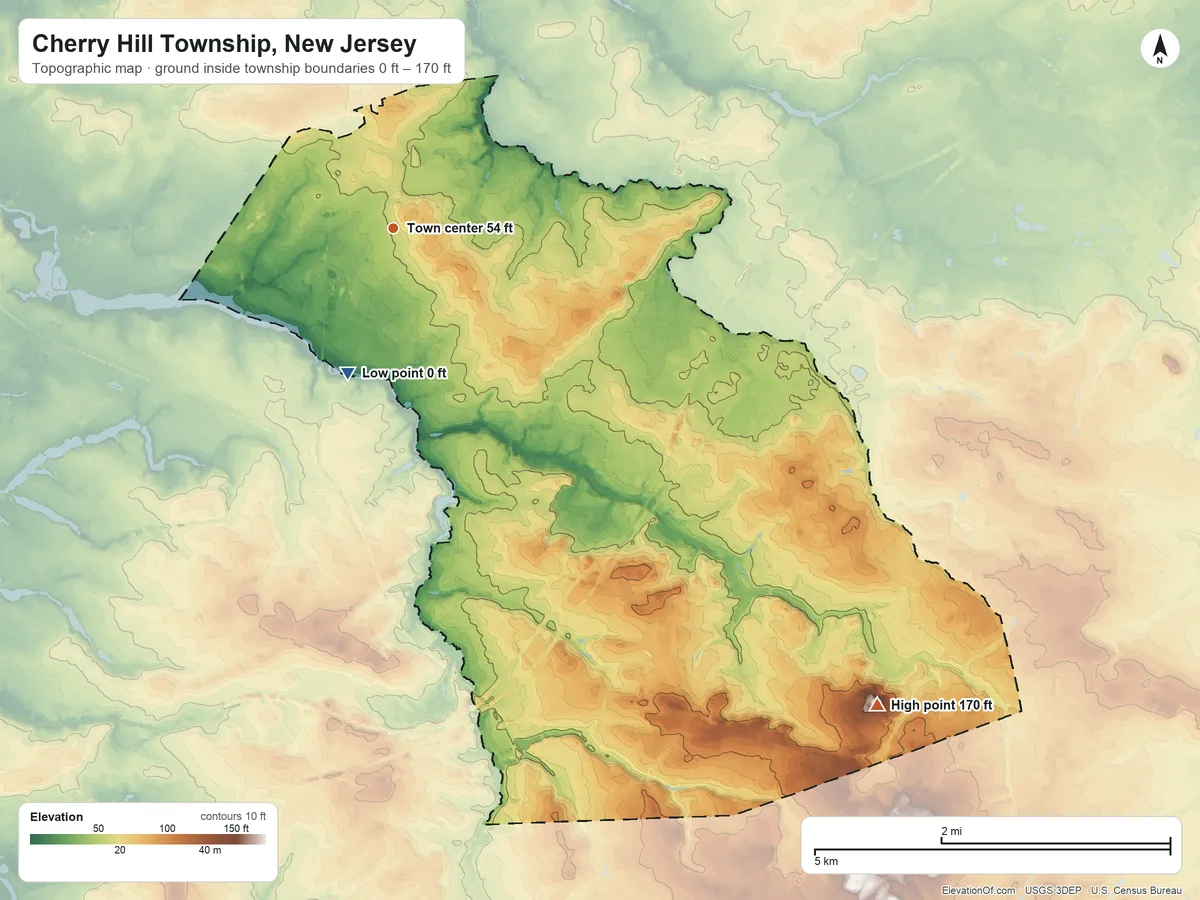 Topographic elevation map of Cherry Hill Township, New Jersey, shaded from 0 ft on the south side to 170 ft on Hutton Hill