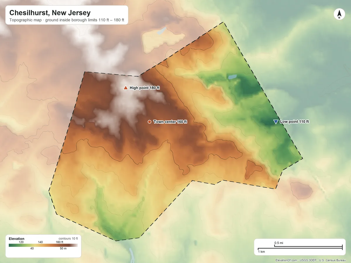 Topographic elevation map of Chesilhurst, New Jersey, shaded from 110 ft on the east side to 180 ft on the northwest side