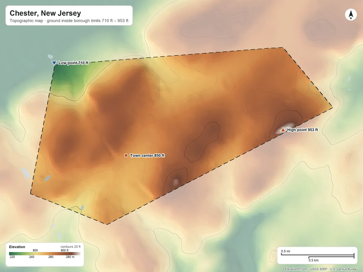 Topographic elevation map of Chester, New Jersey, shaded from 710 ft on the northwest side to 953 ft on Seward Hill