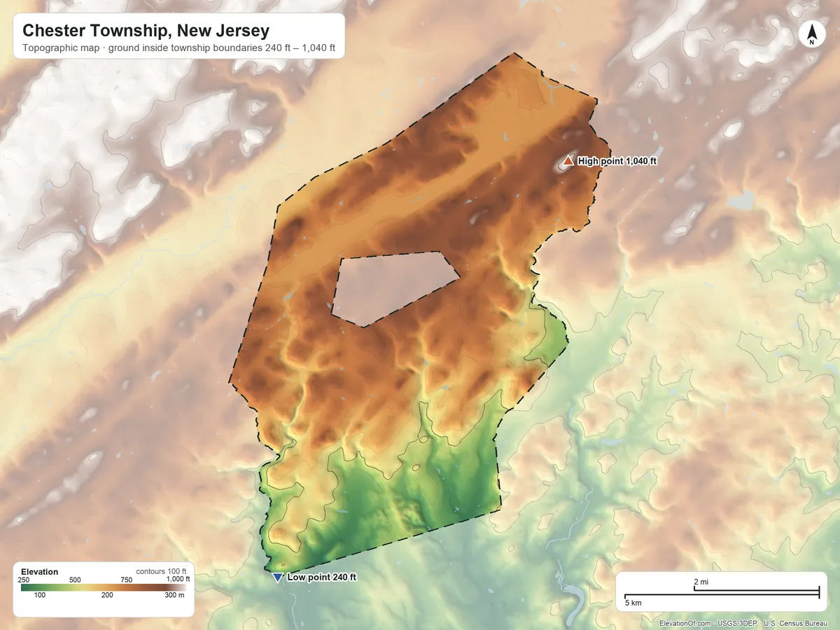 Topographic elevation map of Chester Township, New Jersey, shaded from 240 ft on the southwest side to 1,040 ft on the northeast side