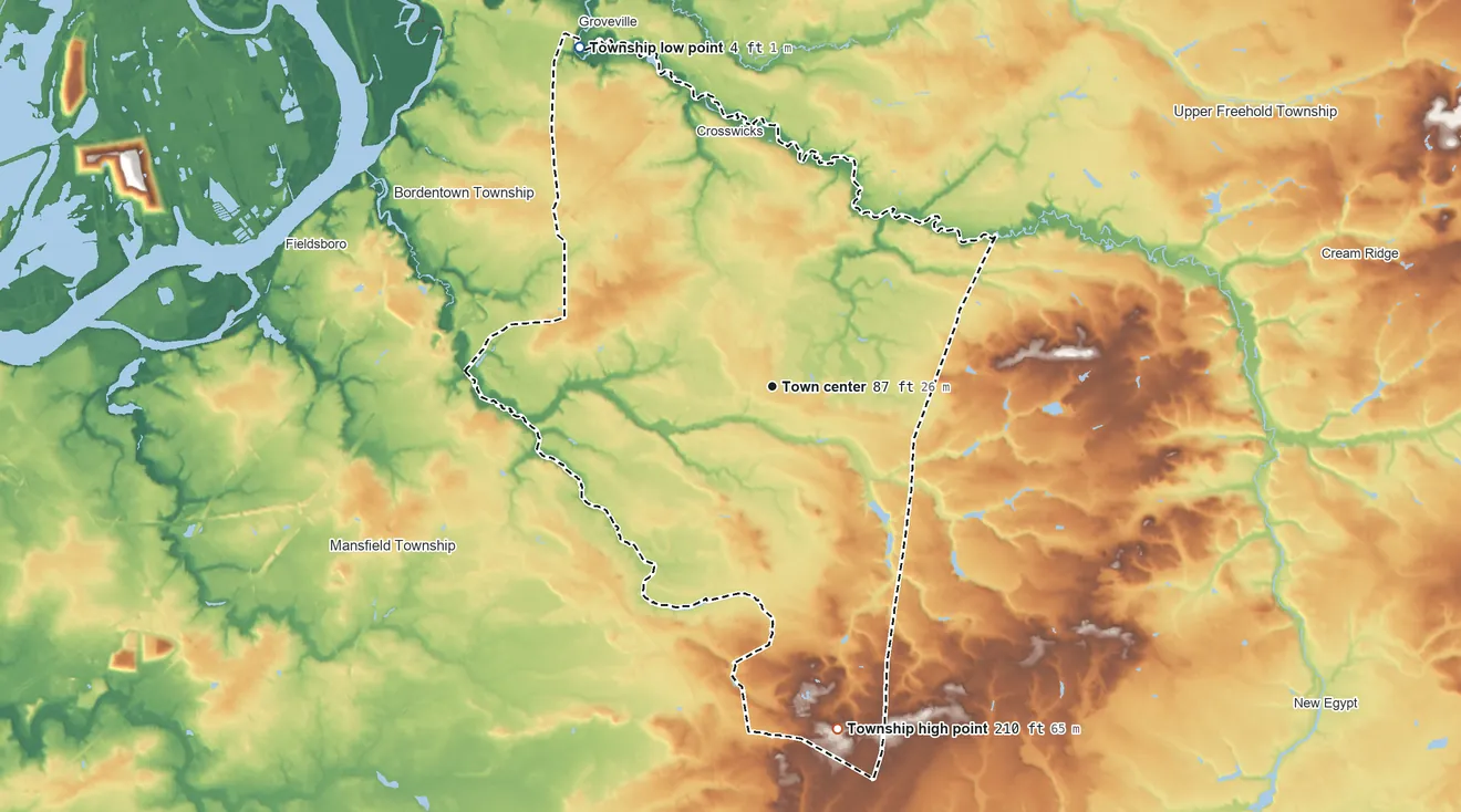 Topographic elevation map of Chesterfield Township, New Jersey, shaded from 4 ft on the northwest side to 210 ft on the south side