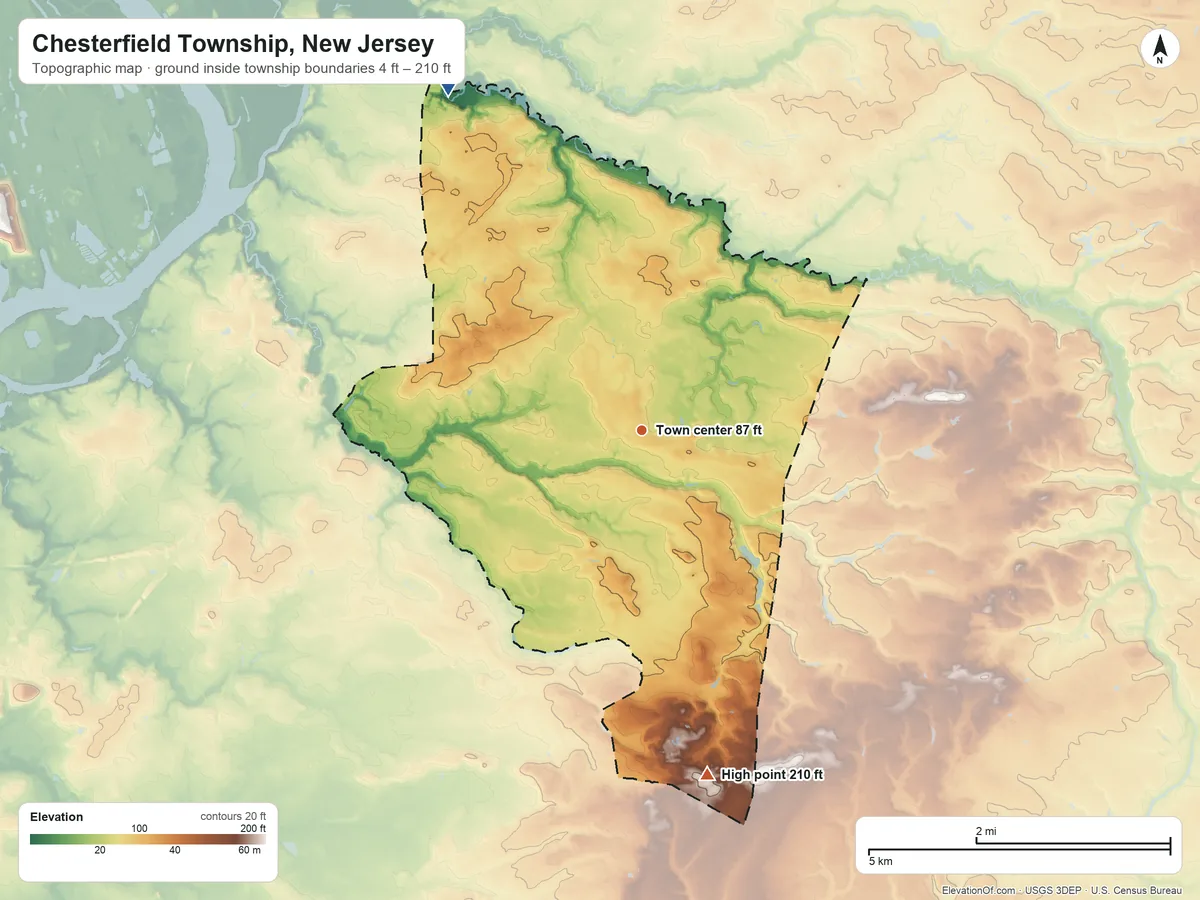Topographic elevation map of Chesterfield Township, New Jersey, shaded from 4 ft on the northwest side to 210 ft on the south side