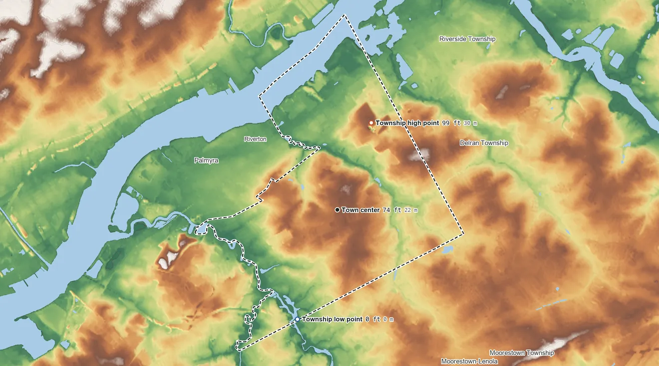 Topographic elevation map of Cinnaminson Township, New Jersey, shaded from 0 ft on the south side to 99 ft on the north side