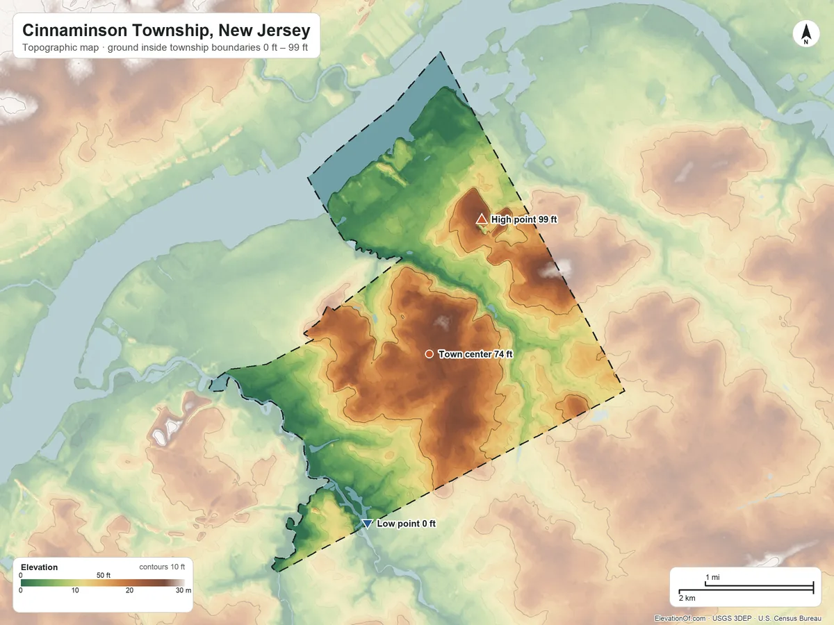 Topographic elevation map of Cinnaminson Township, New Jersey, shaded from 0 ft on the south side to 99 ft on the north side