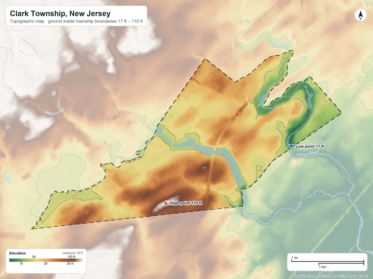 Topographic elevation map of Clark Township, New Jersey, shaded from 17 ft on the east side to 110 ft on the southwest side