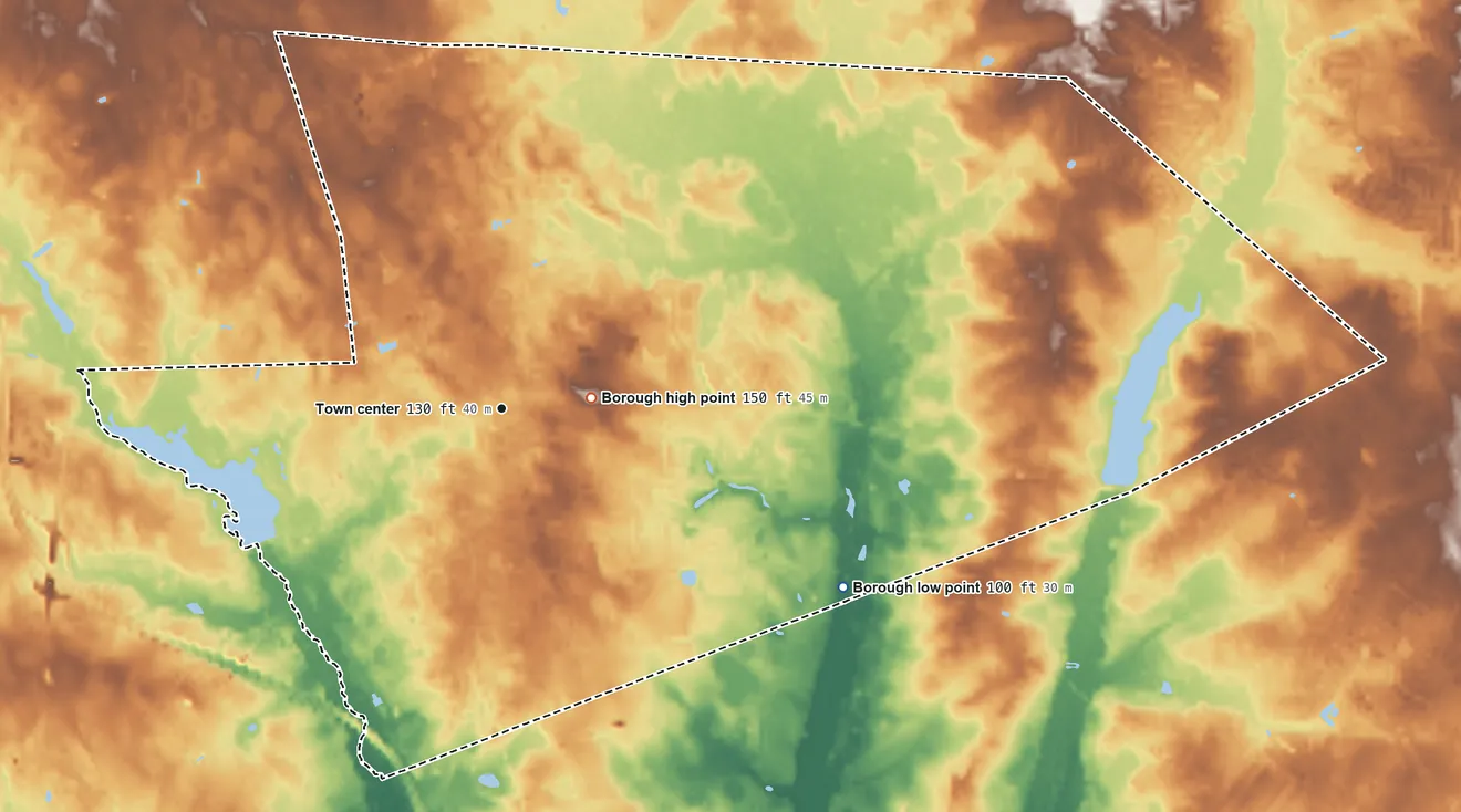 Topographic elevation map of Clayton, New Jersey, shaded from 100 ft on the southeast side to 150 ft near the middle