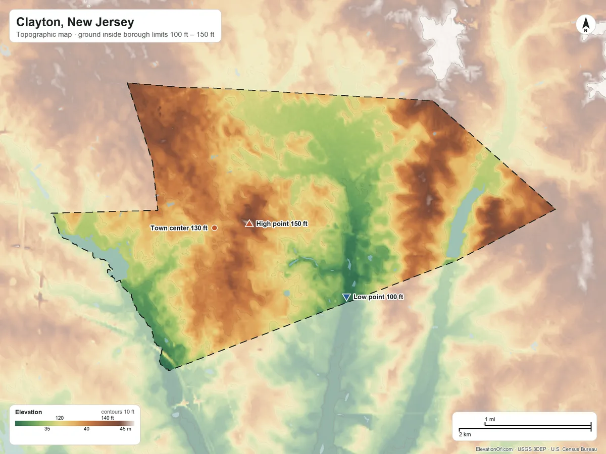 Topographic elevation map of Clayton, New Jersey, shaded from 100 ft on the southeast side to 150 ft near the middle