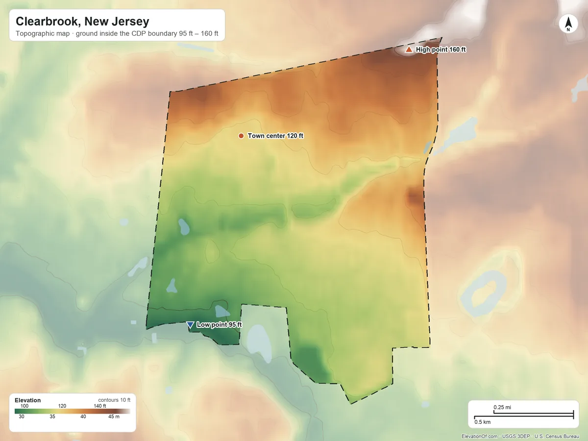 Topographic elevation map of Clearbrook, New Jersey, shaded from 95 ft on the south side to 160 ft on the northeast side