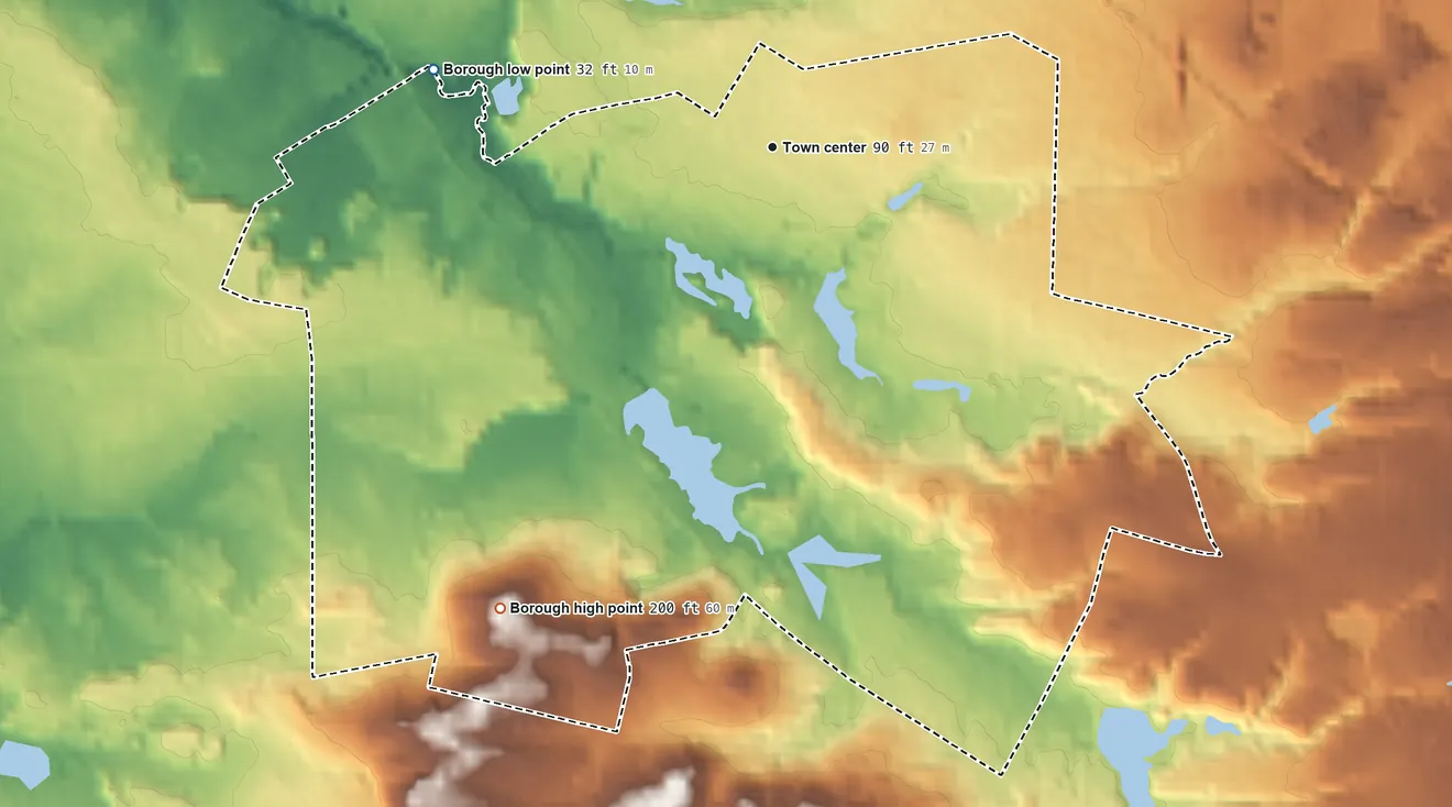 Topographic elevation map of Clementon, New Jersey, shaded from 32 ft on the west side to 200 ft on Pine Hill