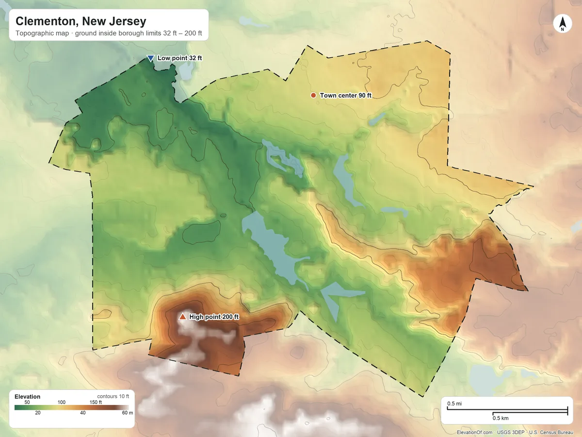 Topographic elevation map of Clementon, New Jersey, shaded from 32 ft on the west side to 200 ft on Pine Hill