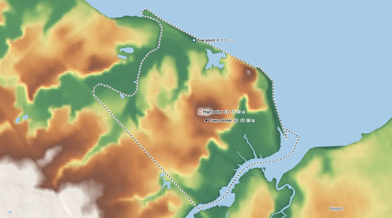 Topographic elevation map of Cliffwood Beach, New Jersey, shaded from sea level level on Raritan Bay to 63 ft near the middle