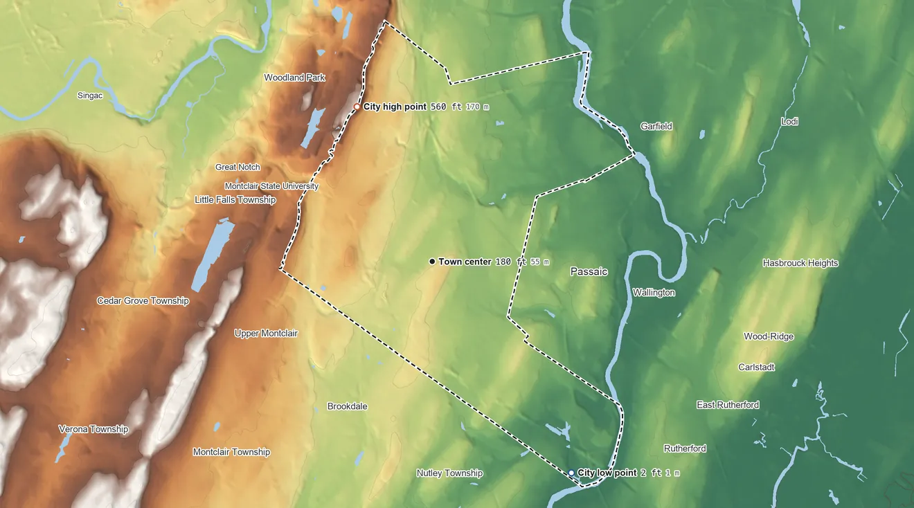 Topographic elevation map of Clifton, New Jersey, shaded from 2 ft on the southeast side to 560 ft on the northwest side