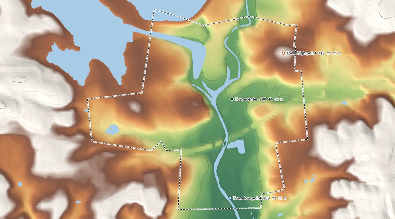 Topographic elevation map of Clinton, New Jersey, shaded from 180 ft on the south side to 310 ft on the northeast side