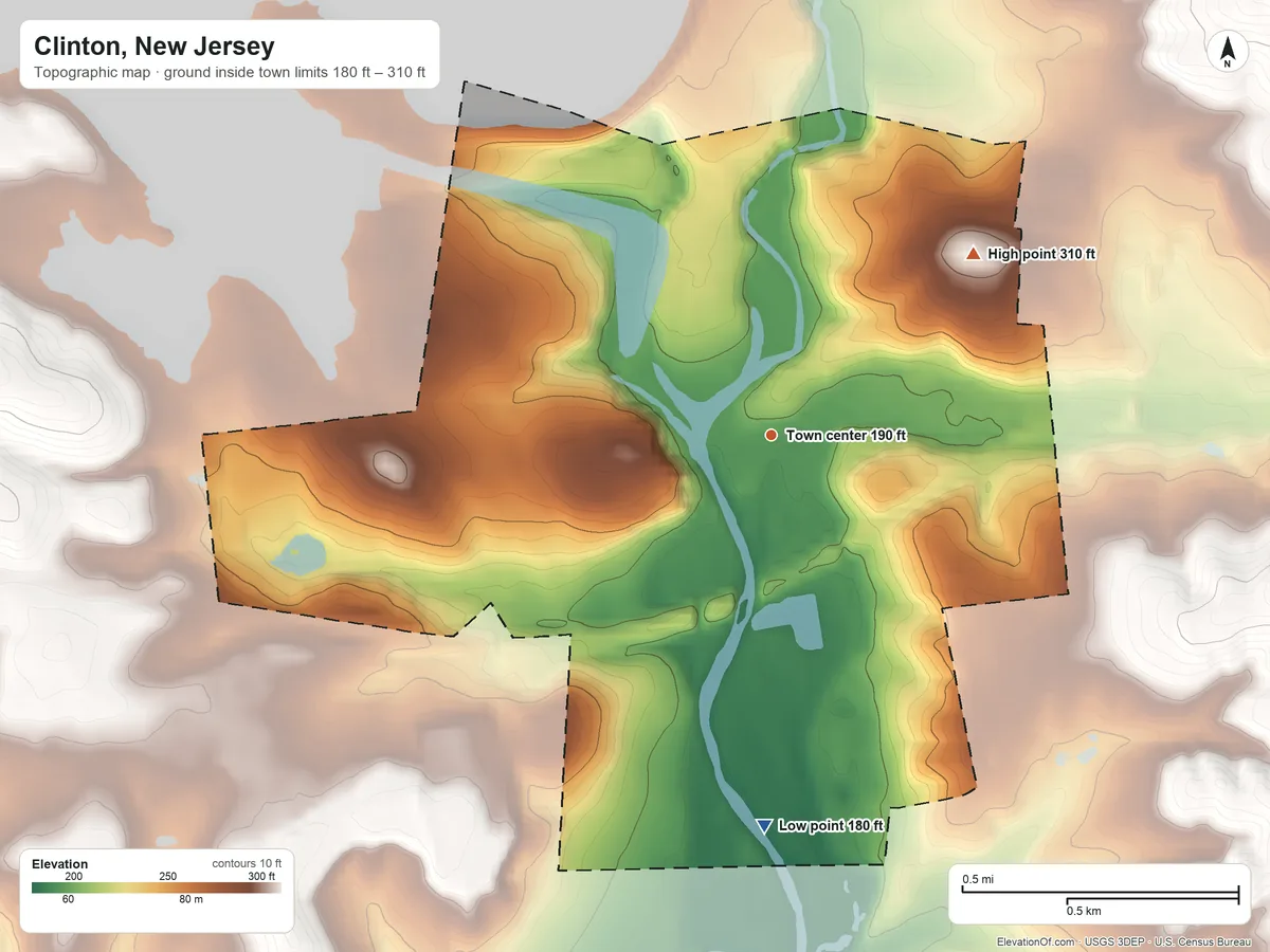 Topographic elevation map of Clinton, New Jersey, shaded from 180 ft on the south side to 310 ft on the northeast side