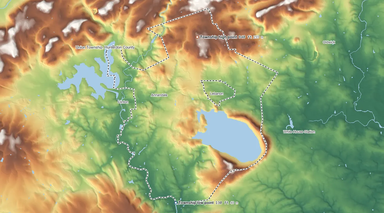 Topographic elevation map of Clinton Township, New Jersey, shaded from 130 ft on the south side to 840 ft on the northeast side