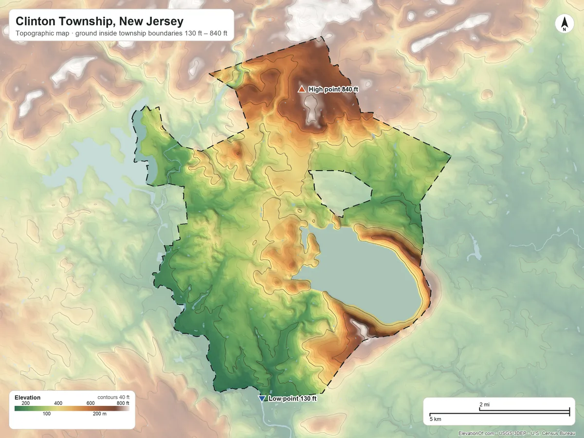 Topographic elevation map of Clinton Township, New Jersey, shaded from 130 ft on the south side to 840 ft on the northeast side