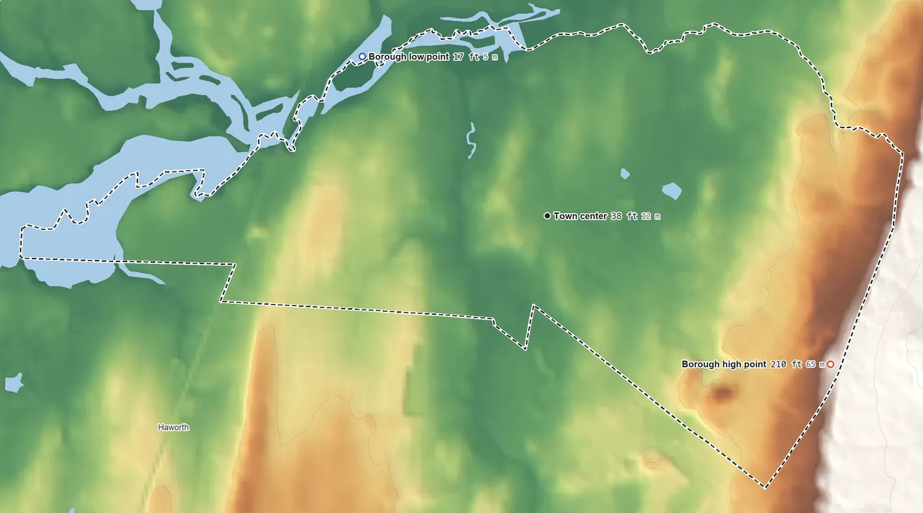 Topographic elevation map of Closter, New Jersey, shaded from 17 ft on the northwest side to 210 ft at the foot of the Watchung Mountains
