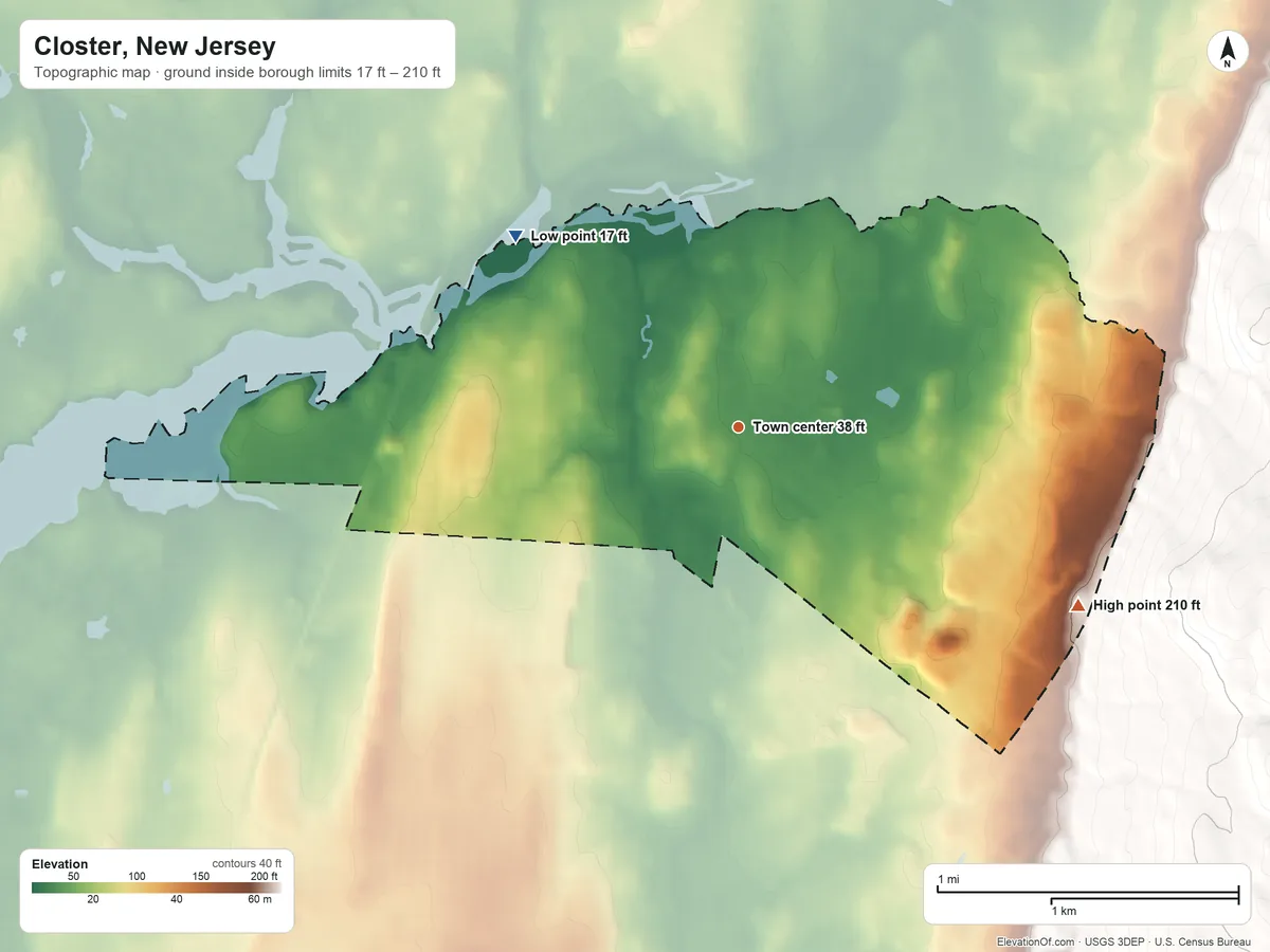 Topographic elevation map of Closter, New Jersey, shaded from 17 ft on the northwest side to 210 ft at the foot of the Watchung Mountains
