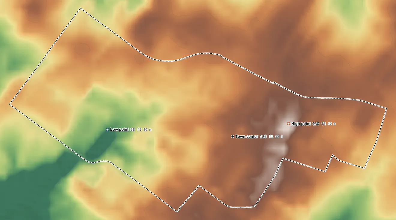 Topographic elevation map of Clyde, New Jersey, shaded from 98 ft on the west side to 130 ft on the east side