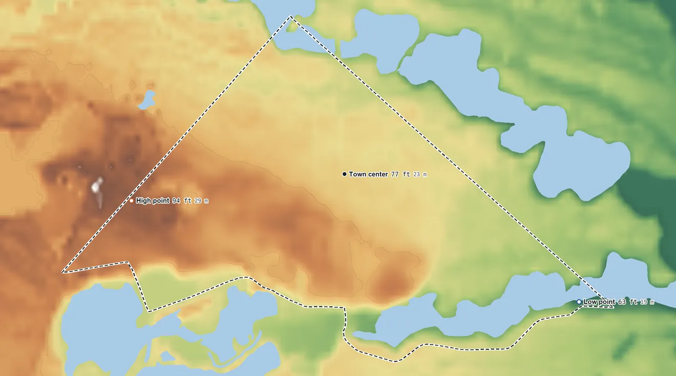 Topographic elevation map of Collings Lakes, New Jersey, shaded from 63 ft on the southeast side to 94 ft on the west side