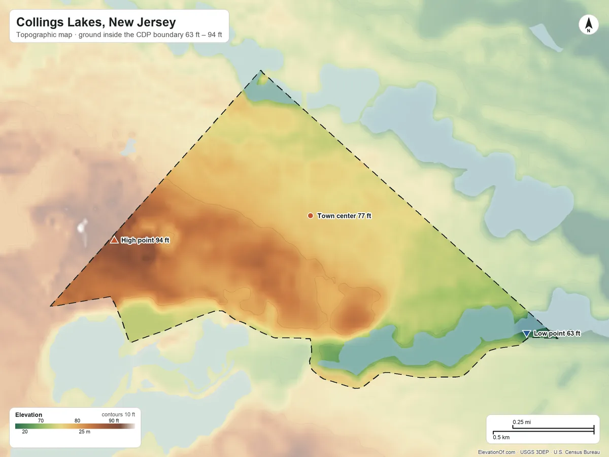 Topographic elevation map of Collings Lakes, New Jersey, shaded from 63 ft on the southeast side to 94 ft on the west side