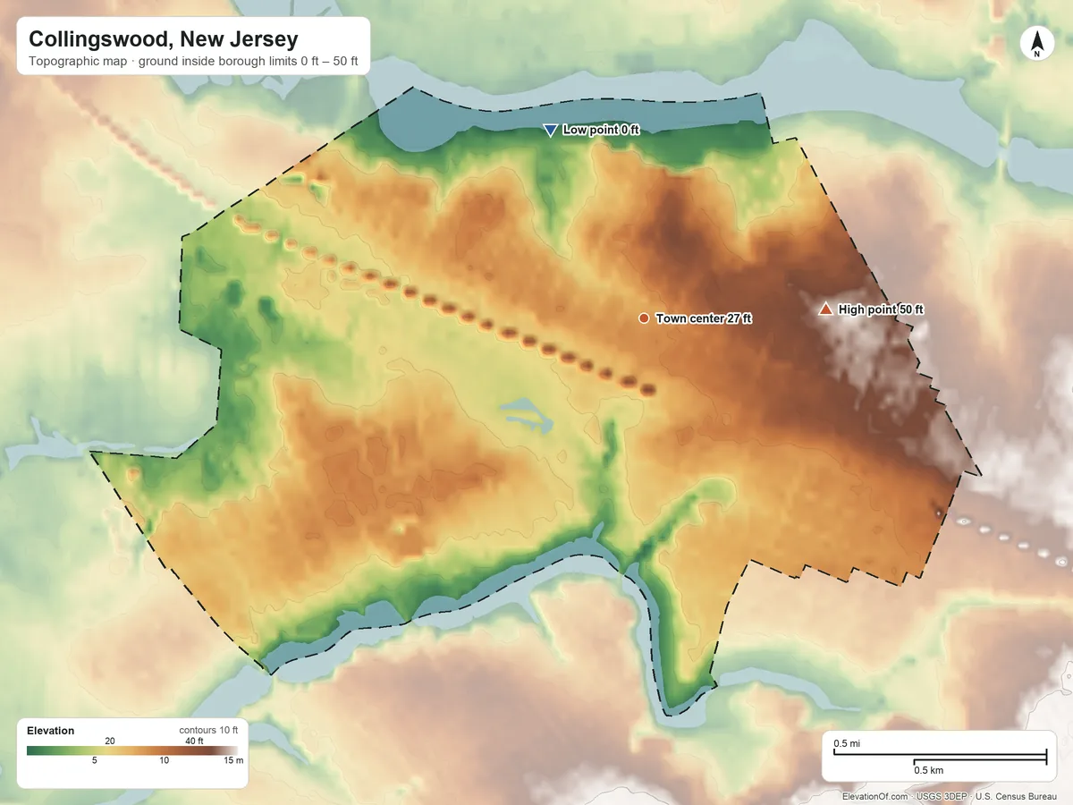 Topographic elevation map of Collingswood, New Jersey, shaded from 0 ft on the northwest side to 50 ft on the east side