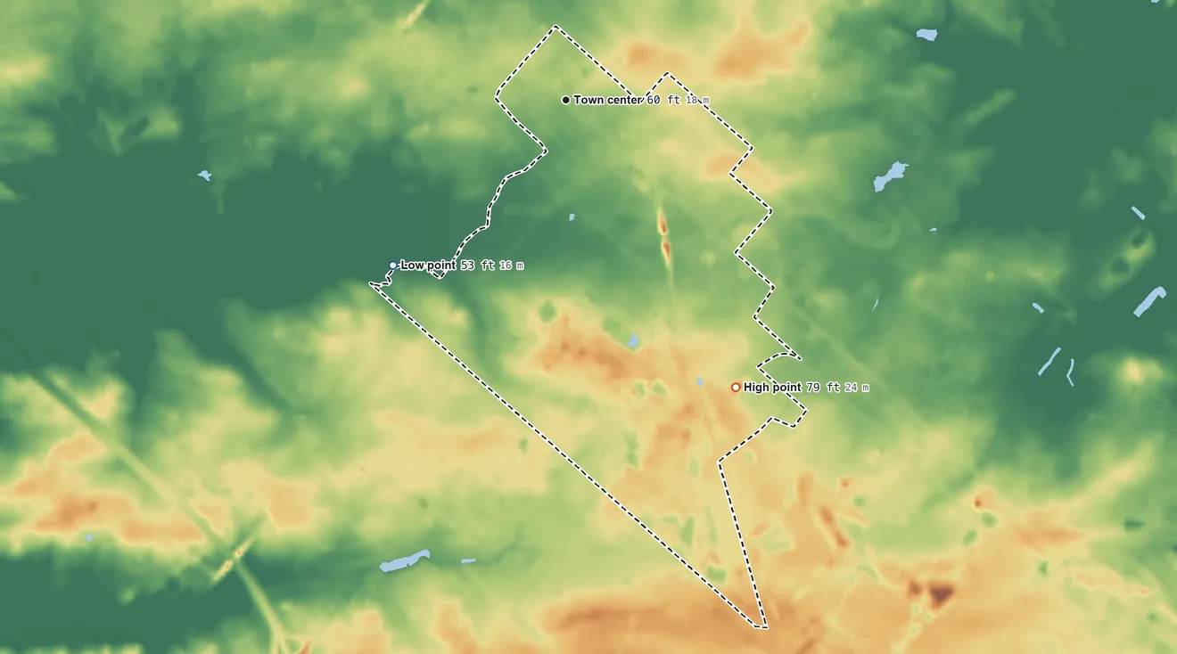 Topographic elevation map of Cologne, New Jersey, shaded from 53 ft on the southwest side to 79 ft on the southeast side