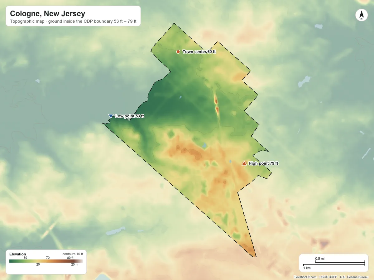 Topographic elevation map of Cologne, New Jersey, shaded from 53 ft on the southwest side to 79 ft on the southeast side