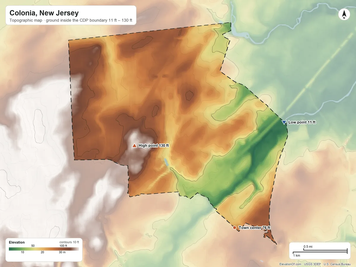 Topographic elevation map of Colonia, New Jersey, shaded from 11 ft on the northeast side to 130 ft on the northwest side