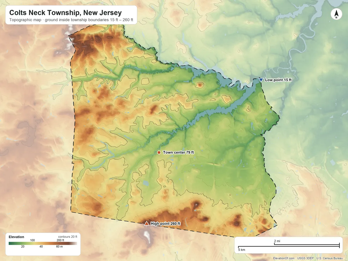 Topographic elevation map of Colts Neck Township, New Jersey, shaded from 15 ft on the northeast side to 260 ft on the south side