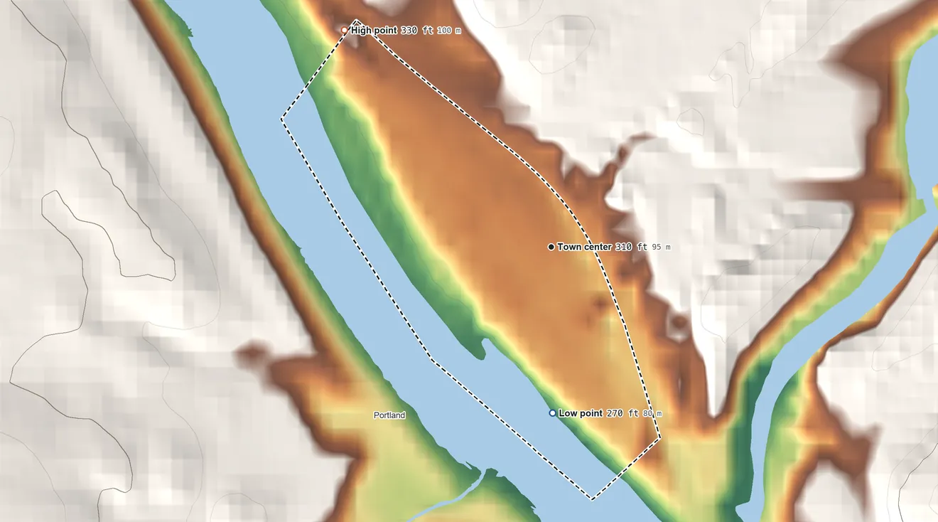 Topographic elevation map of Columbia, New Jersey, shaded from 270 ft on the south side to 330 ft on the northwest edge, below higher ground just outside