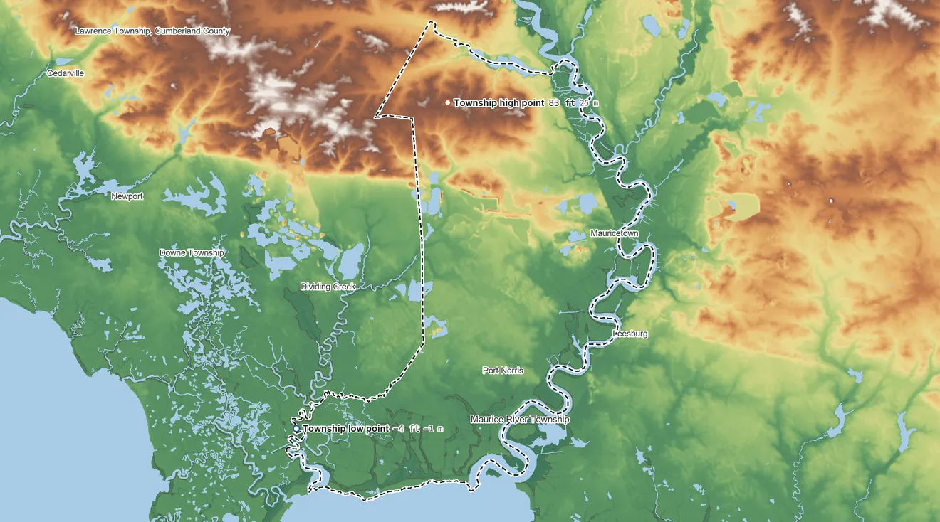 Topographic elevation map of Commercial Township, New Jersey, shaded from −4 ft on the southwest side to 83 ft on the northwest side