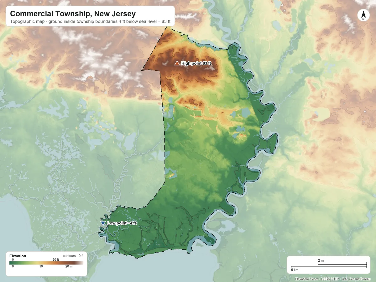 Topographic elevation map of Commercial Township, New Jersey, shaded from −4 ft on the southwest side to 83 ft on the northwest side