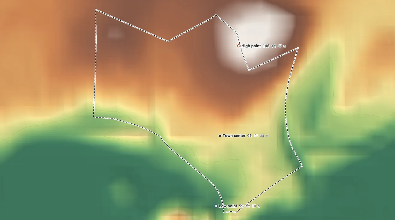 Topographic elevation map of Connecticut Farms, New Jersey, shaded from 59 ft on the south side to 140 ft on the north side