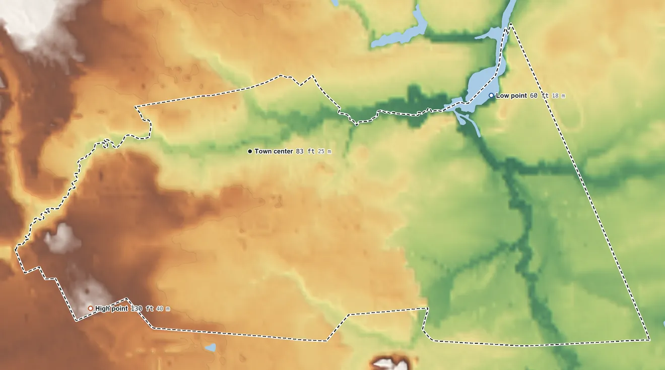 Topographic elevation map of Cookstown, New Jersey, shaded from 60 ft on the east side to 130 ft on the southwest side