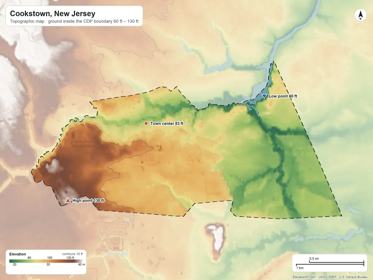 Topographic elevation map of Cookstown, New Jersey, shaded from 60 ft on the east side to 130 ft on the southwest side
