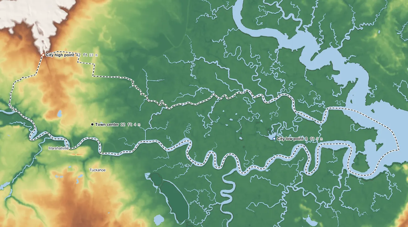Topographic elevation map of Corbin City, New Jersey, shaded from 0 ft on the east side to 42 ft on the northwest side