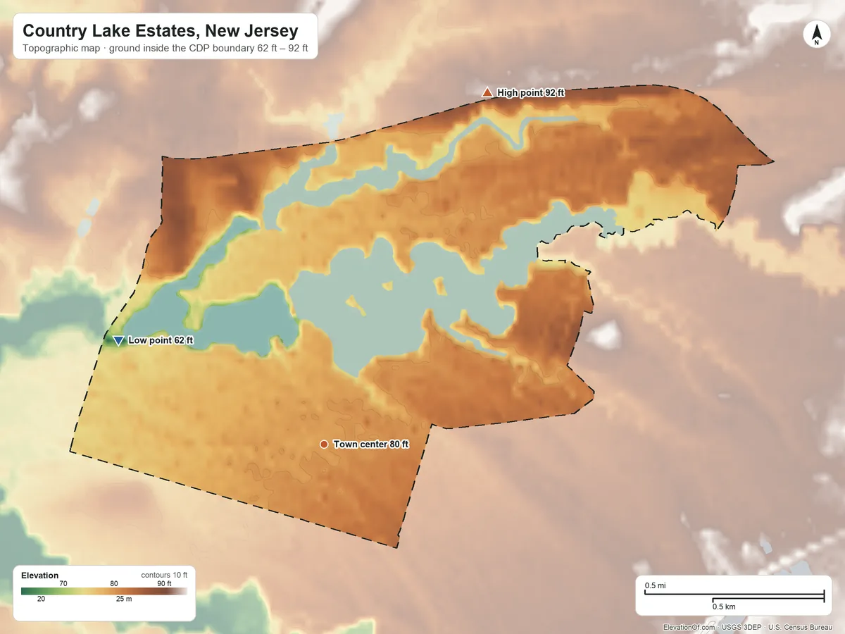 Topographic elevation map of Country Lake Estates, New Jersey, shaded from 62 ft on the northwest side to 92 ft on the northeast side