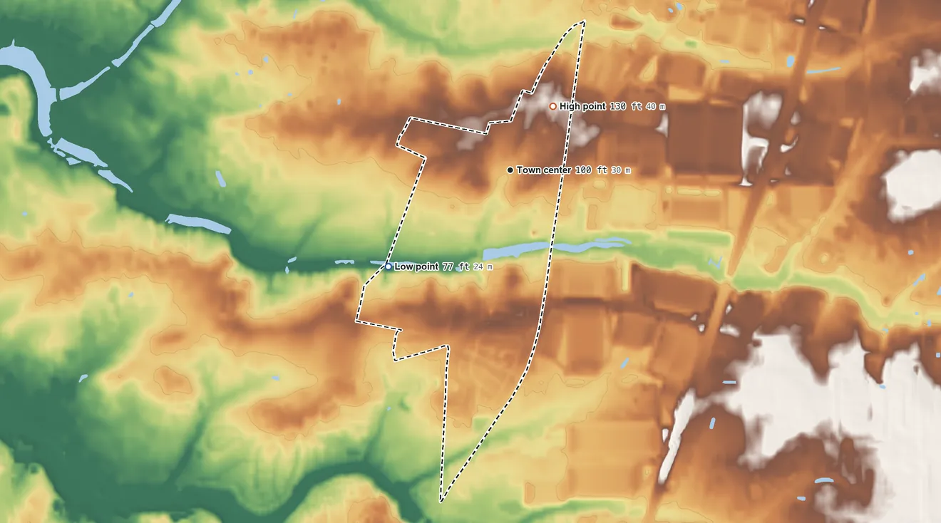 Topographic elevation map of Cranbury, New Jersey, shaded from 77 ft on the southwest side to 130 ft on the northeast side