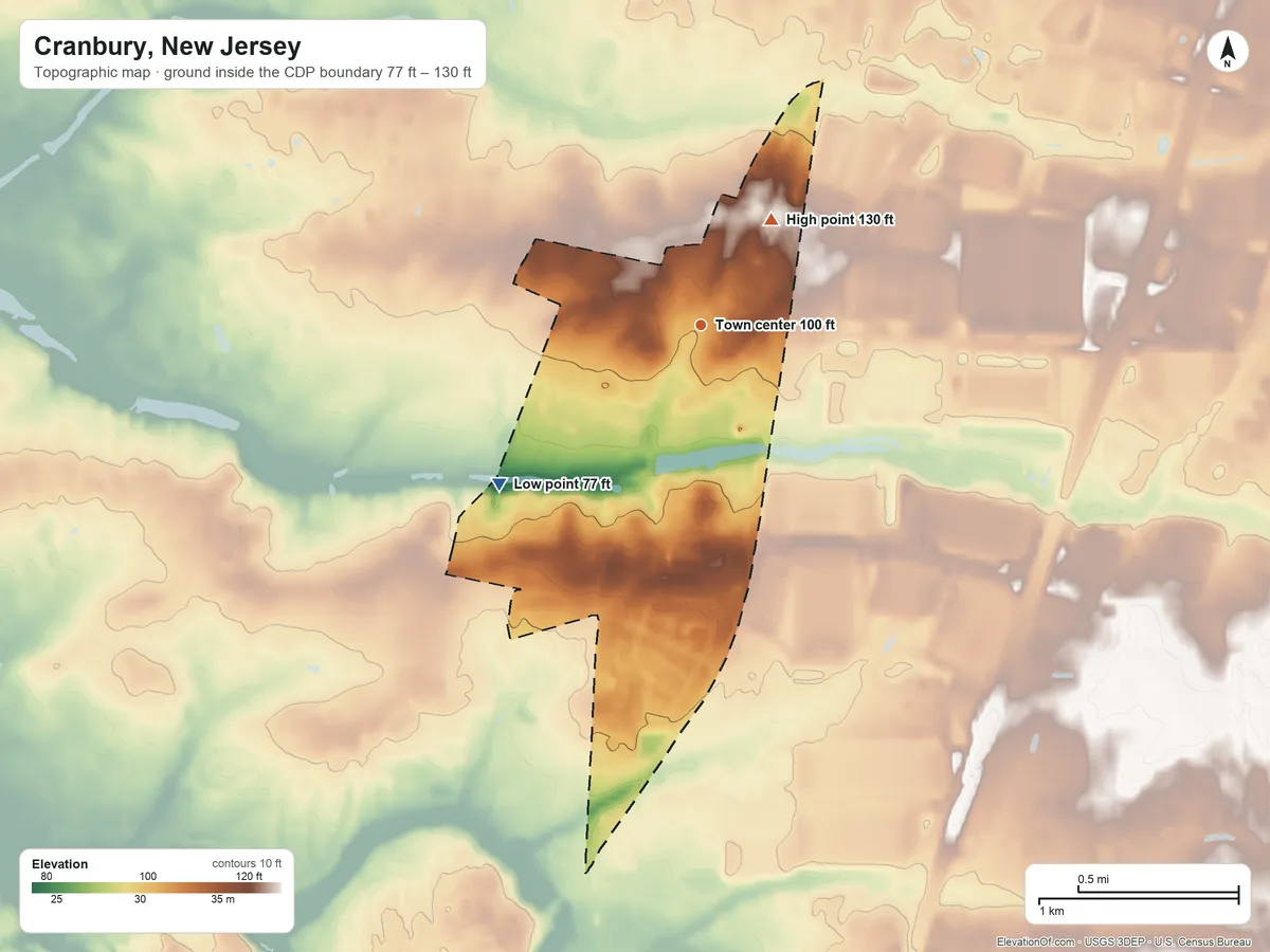 Topographic elevation map of Cranbury, New Jersey, shaded from 77 ft on the southwest side to 130 ft on the northeast side