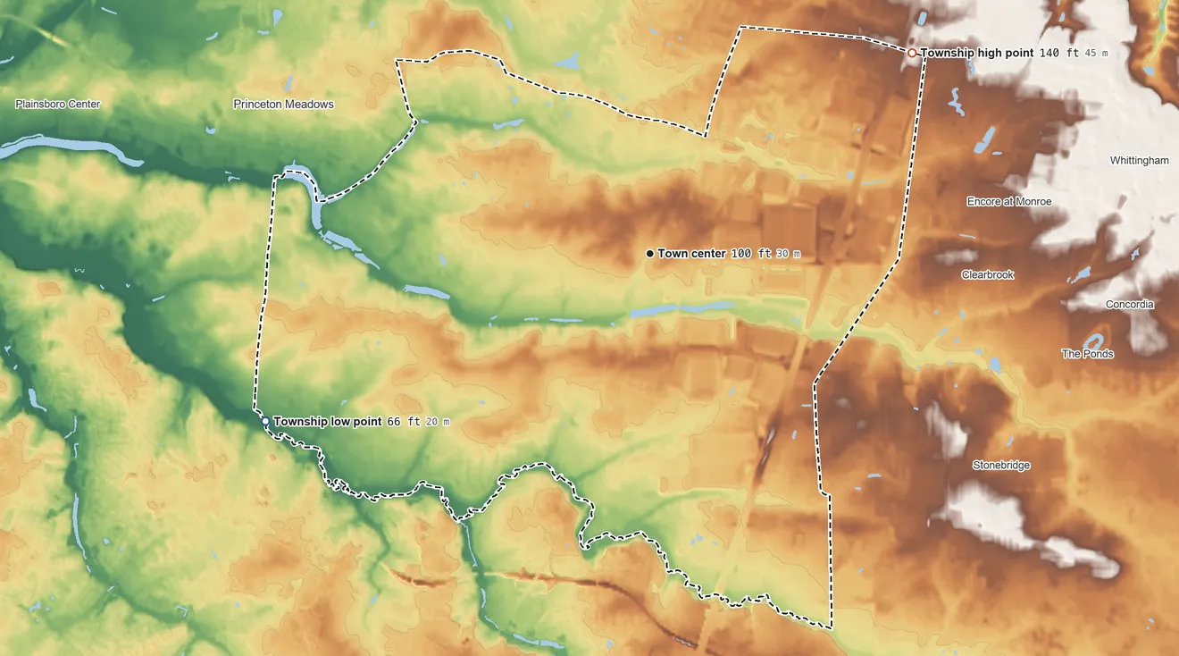 Topographic elevation map of Cranbury Township, New Jersey, shaded from 66 ft on the southwest side to 140 ft on the northeast side