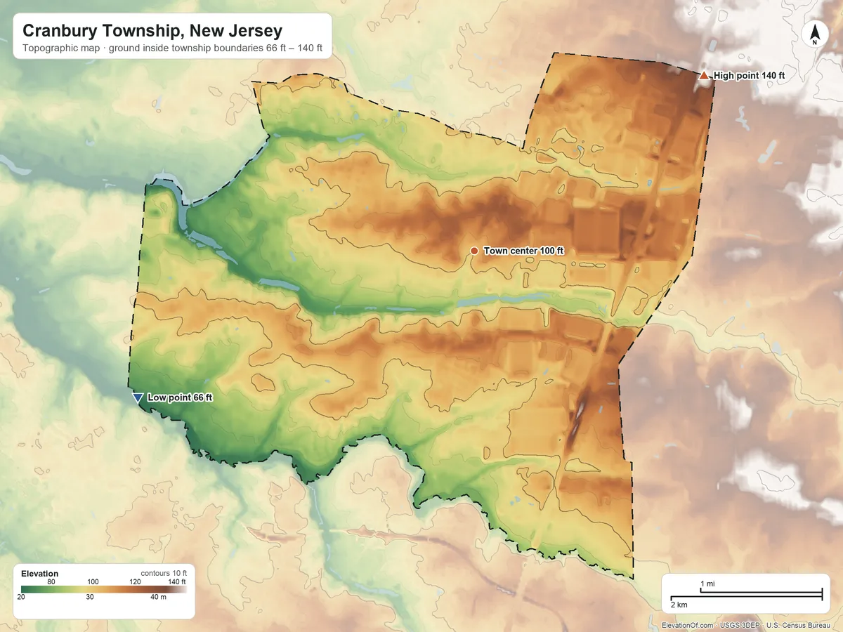Topographic elevation map of Cranbury Township, New Jersey, shaded from 66 ft on the southwest side to 140 ft on the northeast side