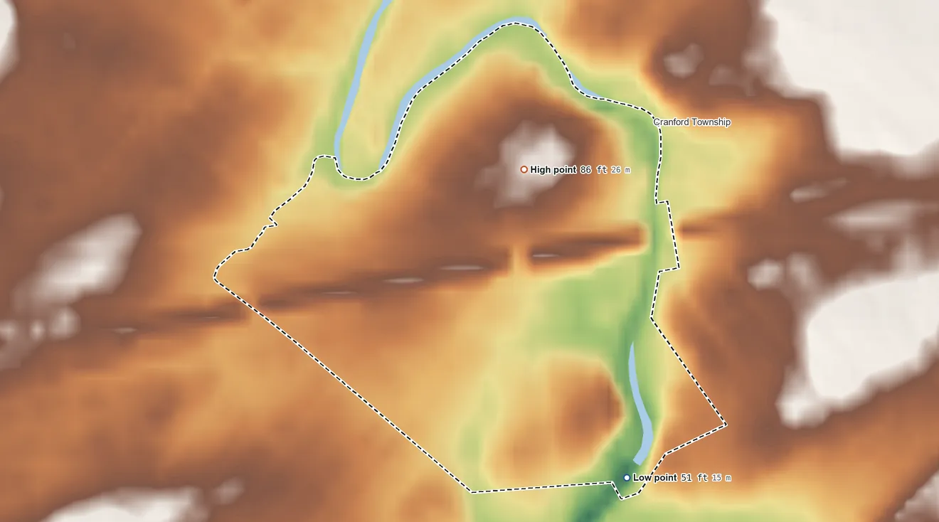 Topographic elevation map of Cranford, New Jersey, shaded from 51 ft on the southeast side to 86 ft on the north side