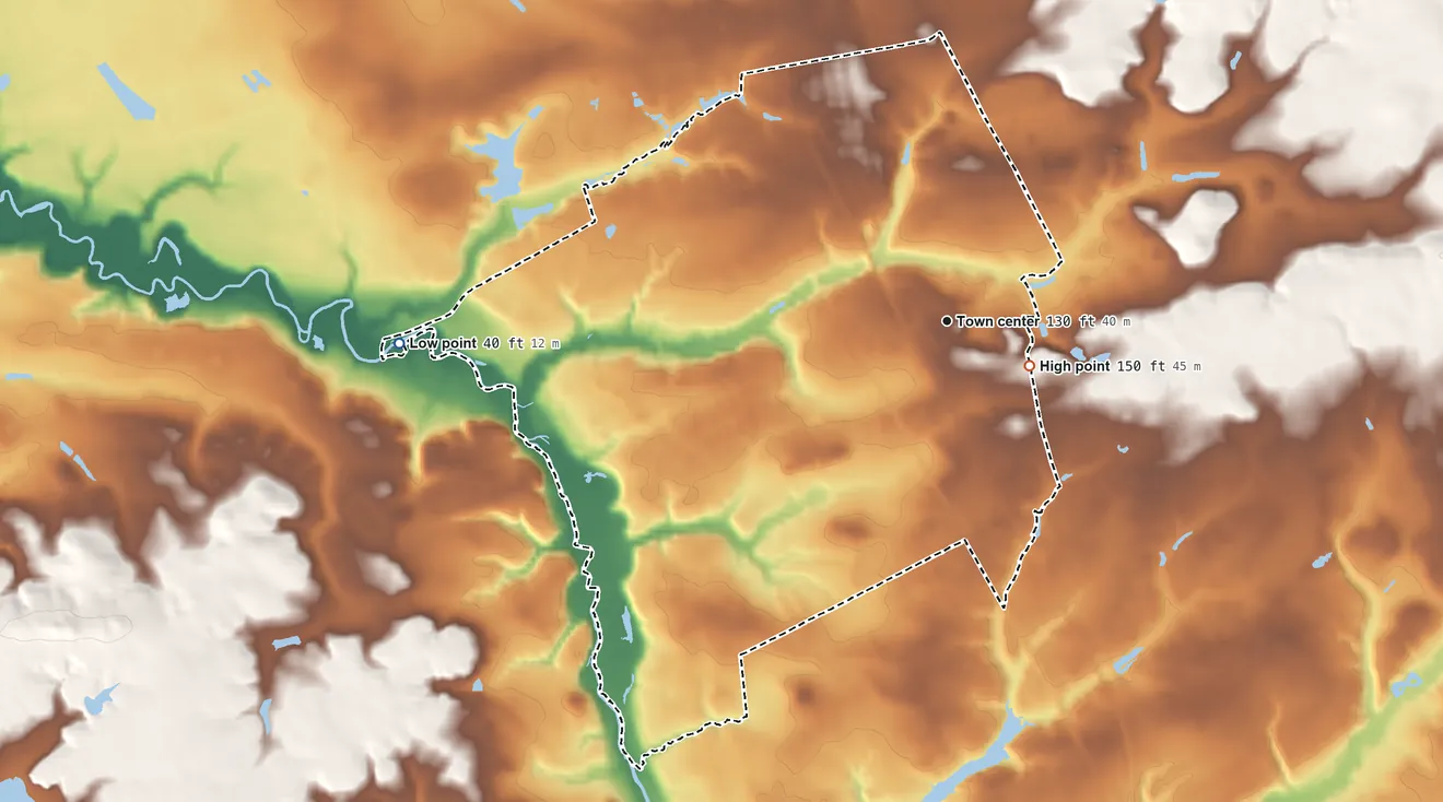 Topographic elevation map of Cream Ridge, New Jersey, shaded from 40 ft on the west side to 150 ft near the middle