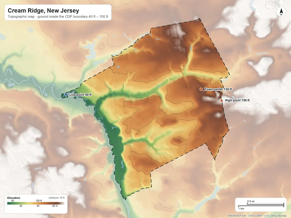 Topographic elevation map of Cream Ridge, New Jersey, shaded from 40 ft on the west side to 150 ft near the middle