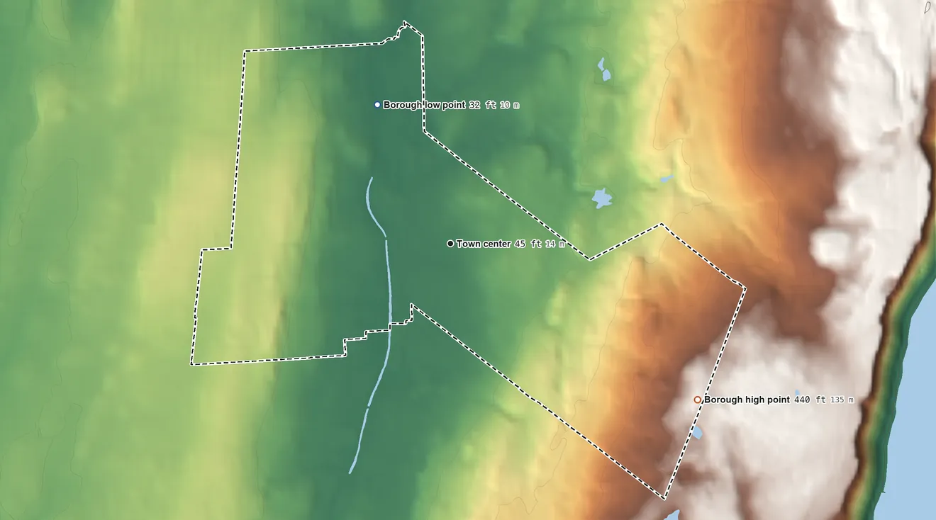 Topographic elevation map of Cresskill, New Jersey, shaded from 32 ft on the northwest side to 440 ft on the southeast side