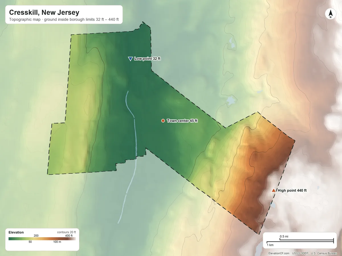Topographic elevation map of Cresskill, New Jersey, shaded from 32 ft on the northwest side to 440 ft on the southeast side