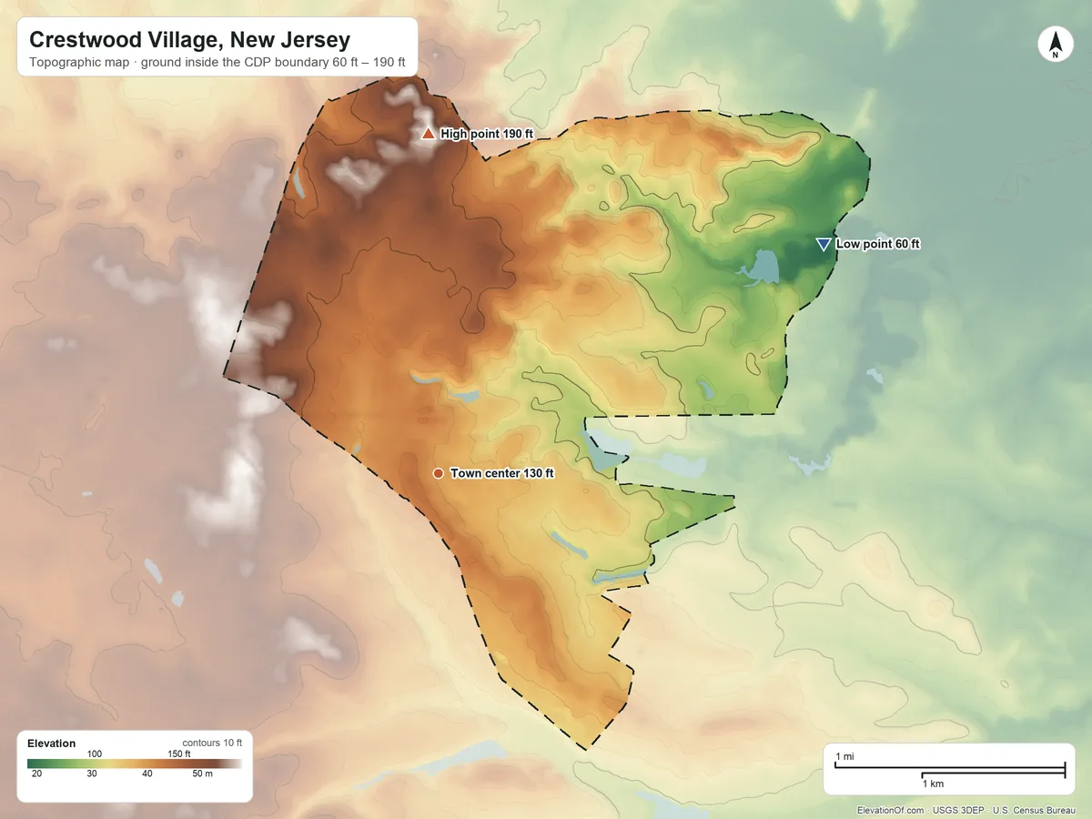 Topographic elevation map of Crestwood Village, New Jersey, shaded from 60 ft on the northeast side to 190 ft on the north side