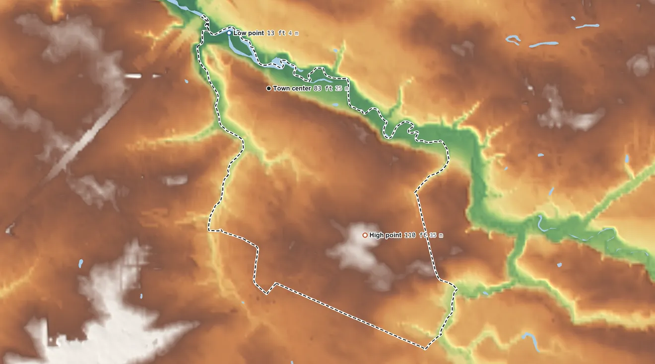 Topographic elevation map of Crosswicks, New Jersey, shaded from 13 ft on the northwest side to 110 ft on the southeast side