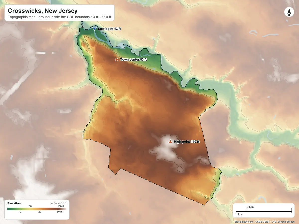 Topographic elevation map of Crosswicks, New Jersey, shaded from 13 ft on the northwest side to 110 ft on the southeast side